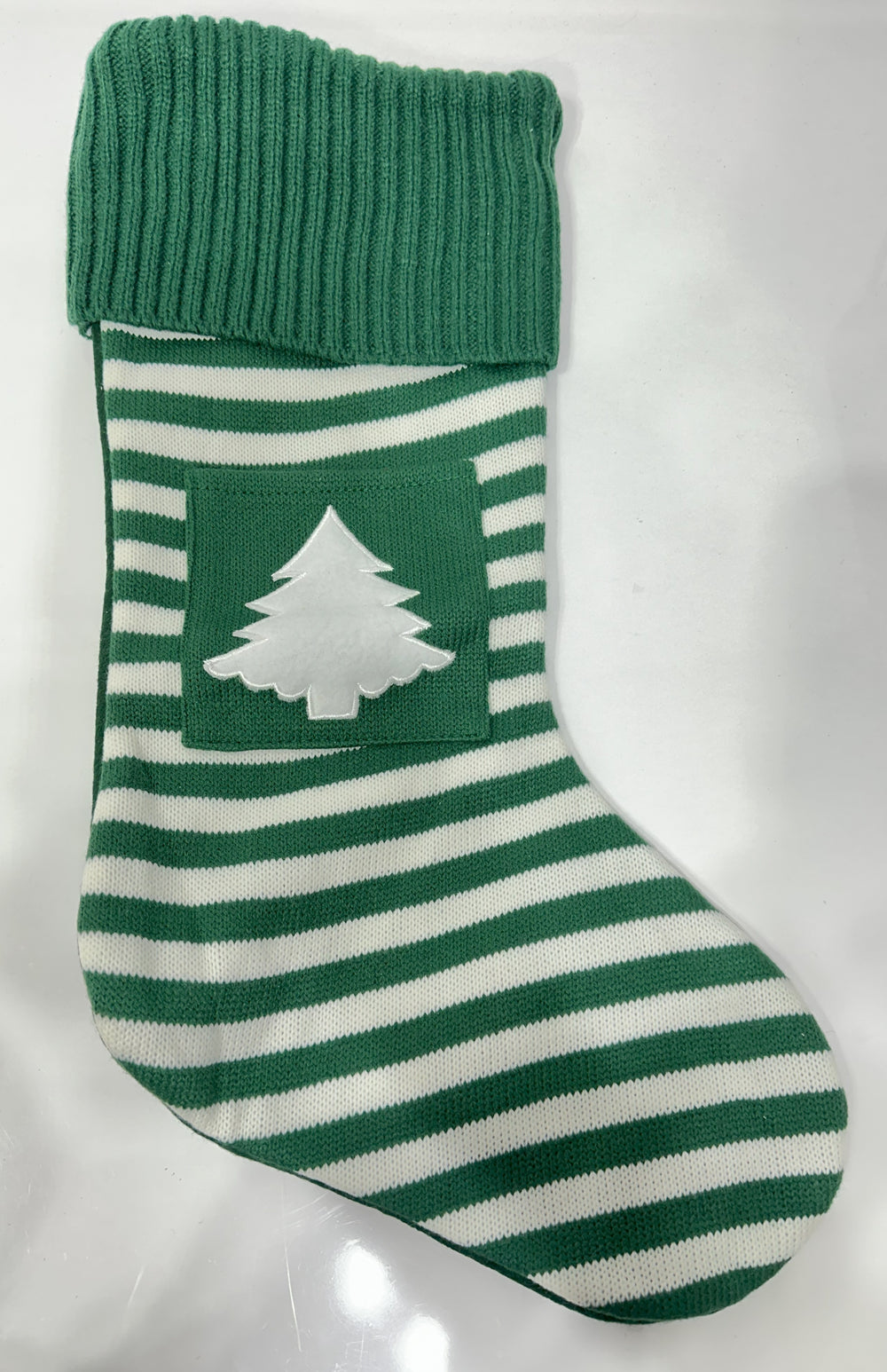 Stocking - Green Knitted, White Tree